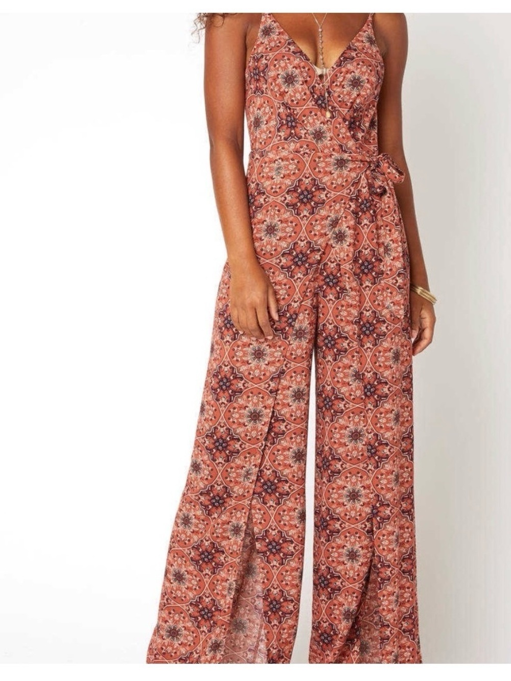 Juniper Blu Women’s size XS Rust and Teal Floral Jumper Jumpsuit with Flowy Pant